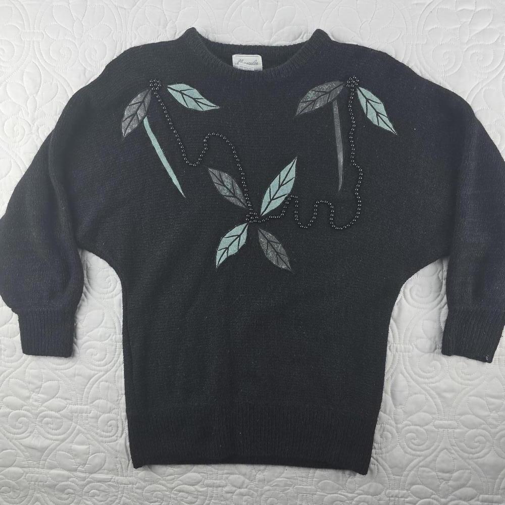 Vintage 80s/90's Silk/Angora Blend Black Beaded Leaf Pullover Sweater Size Small - Picture 2 of 8